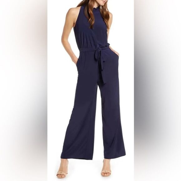 Vince Camuto Jumpsuit  Ruffle Neck Halter Wide Leg Navy Blue Stretch Sz. 4 - Picture 1 of 11